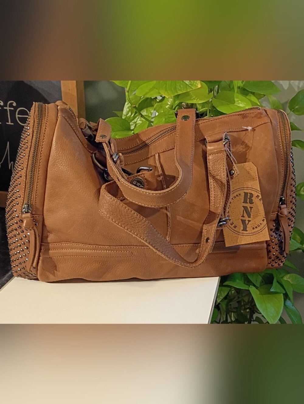 RNJ Leather Studded Duffel Bag - Tan